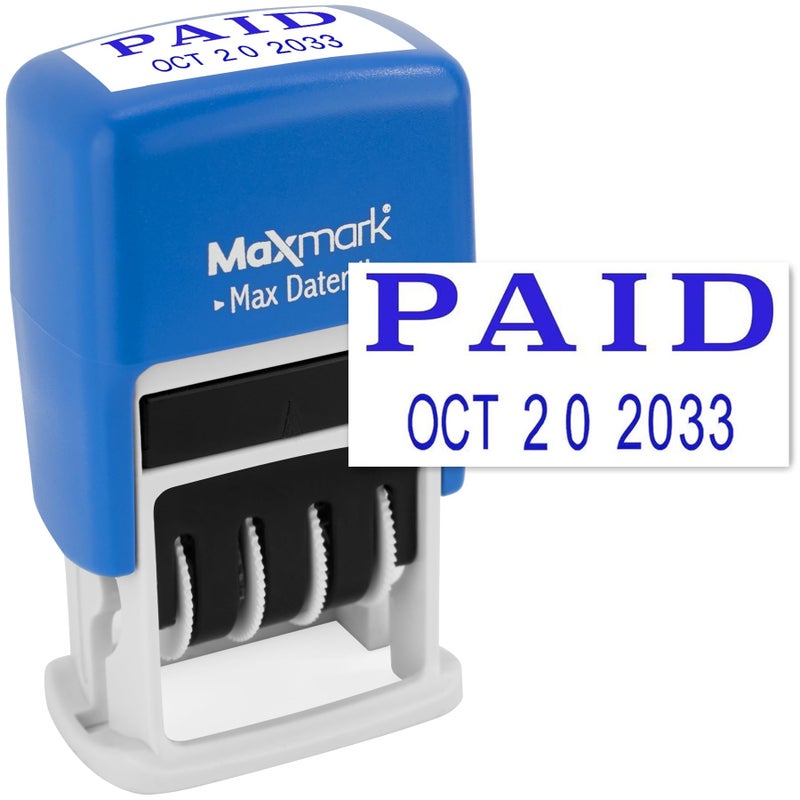 MaxMark Self-Inking Rubber Date Office Stamp with Paid Phrase & Date - Blue Ink (Max Dater II), 12-Year Band - Image 1